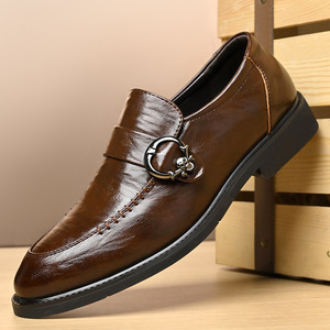 Mocassins en cuir pour hommes à bout pointu, semelle extérieure en caoutchouc antidérapante, chaussures de mariage, couleur unie, doublure en cuir véritable - Product Image 1