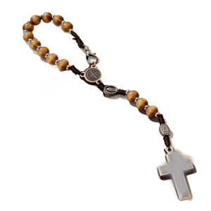 Bracelet chapelet vintage en bois, pendentif croix en alliage de cuivre marron clair, bijou unisexe, cadeau, origine Yiwu - Product Image 2