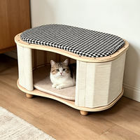 Maison pour chat moderne multifonctionnelle en bois massif courbé avec tapis en rotin rafraîchissant, lit-caverne pour chat d'intérieur toutes saisons