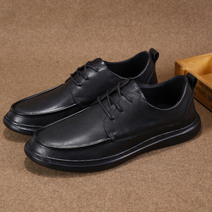 Chaussures habillées en cuir véritable pour hommes, à bout rond, à lacets, respirantes, pour le bureau, toutes saisons, noires unies, décontractées, pour le travail - Product Image 1