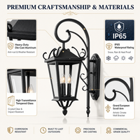 Lampe murale LED extérieure en acier inoxydable de grande taille, style rétro noir, pour jardin, cour, couloir, villa, étanche, E14, 3 niveaux de luminosité