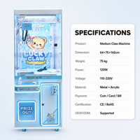 Machine à griffes commerciale de taille moyenne avec éclairage LED coloré, griffe métallique, vitrine transparente et accepteur de pièces de monnaie
