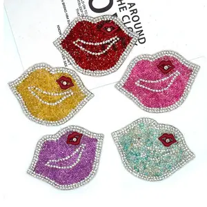 Hot sale Bling bling 3D lips silver hotfix rhinestone motifs iron on transfer rhinestone patches applique for kids garment