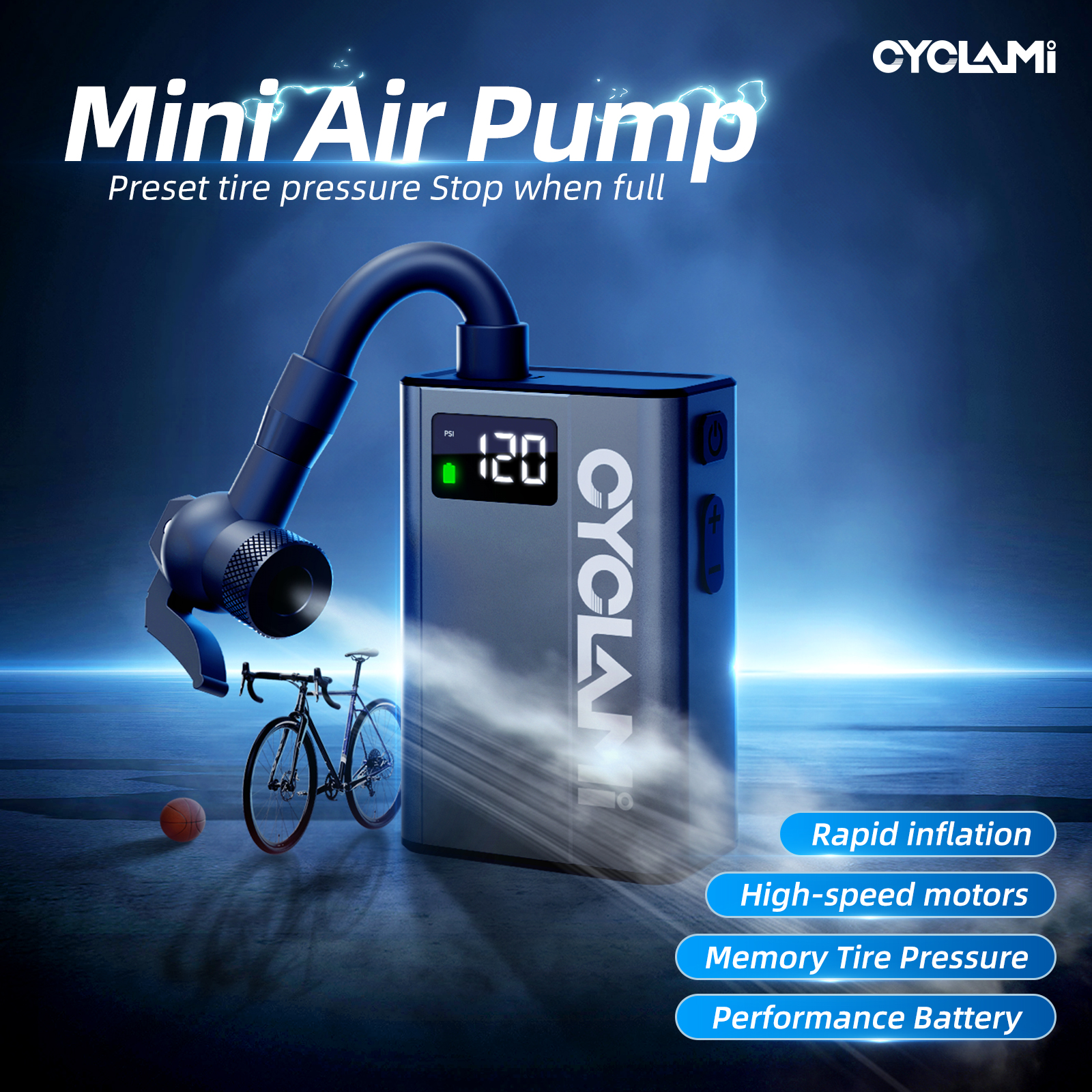 CYCLAMI 120 PSI E1-TEAMミニポータブル自転車ポンプデジタル