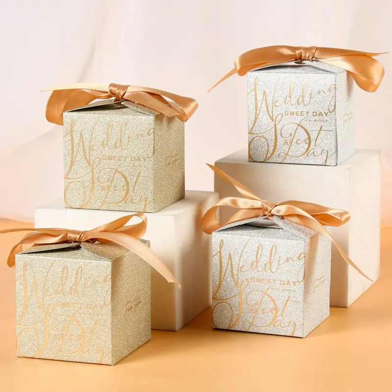 10 adet düğün şeker kutusu düğün doğum günü partisi malzemeleri için şeker kağıt kutusu altın hediye kurdelalı kutu
