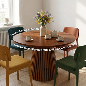 Tavolo da Pranzo di Lusso in <span class=keywords><strong>Legno</strong></span> Allungabile da Rotondo a Ovale con Base a Colonna Scanalata, Set di Mobili da Cucina Moderni e Minimalisti con 4 Sedie, 6 Posti - Product Image 3
