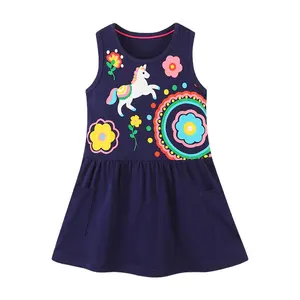 Baby Girls Jumper Flower Painting Sleeveless Custom Summer Horse Dark Blue Dresses For 3 Years Baby Girls