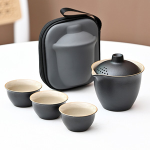 Ceramic Travel Tea Set With Gaiwan And Three Cups Portable Outdoor Use Modern Design Small <b>Camping</b> Gift Storage Bag - Product Image 1