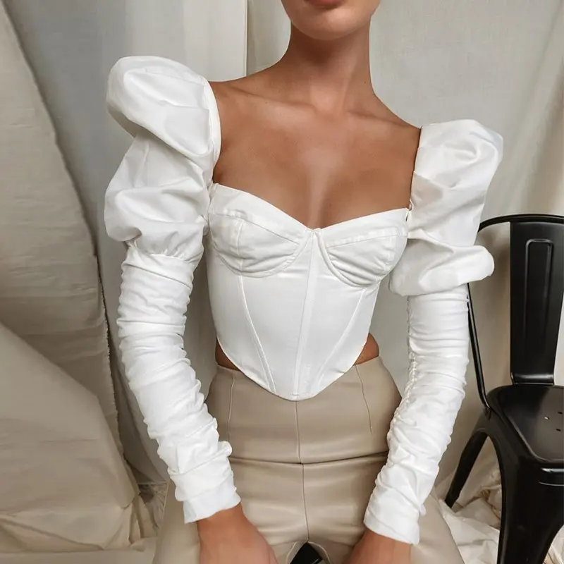 Wholesale new fashion ladies' puff sleeve white blouses sexy elegant corset women cute tops