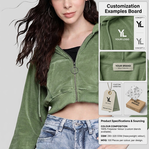 เสื้อฮู้ดครอปผ้ากำมะหยี่สำหรับผู้หญิง 160 GSM โพลีเอสเตอร์คอตตอน รับทำโลโก้แบรนด์ส่วนตัว - Product Image 5