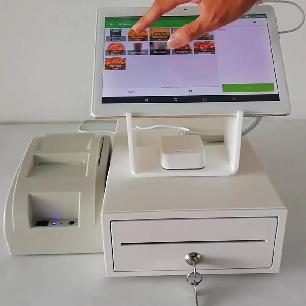 Ristorante che ordina supporto sicuro per registratore di cassa per Tablet da 10 pollici con stampante per ricevute da 58mm cassetto per contanti bianco