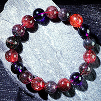 Bracelet extensible Premium en perles rondes de Quartz Rutile Titane Violet Profond Naturel, Rétrocollectible, Rare Super Seven