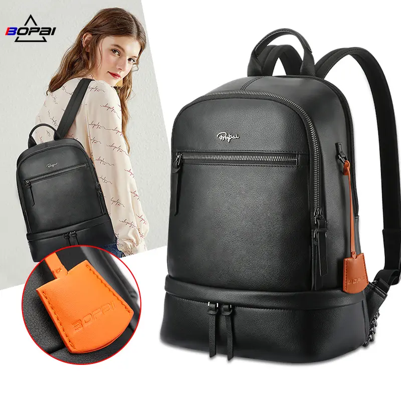 BOPAI lightweight fashion luxury ladies custom logo office cowhide premium casual 13 inch laptop women genuine leather backpack