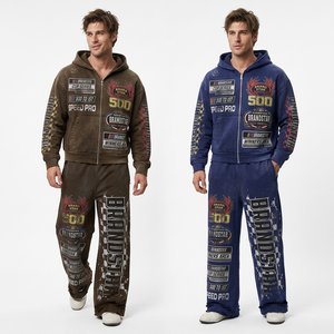 Wholesale Men's <b>Hooded</b> Tracksuit Full <b>Zip</b> <b>Hooded</b> Sweatshirt & Flared Pants Set Streetwear Print Loose Fit Winter Wear Tracksuit - Product Image 1