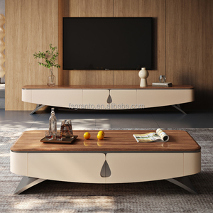 Meubles de maison de luxe fantaisie support de télévision en marbre couleur naturelle dessus en bois Table basse support de télévision avec pieds en métal - Product Image 5