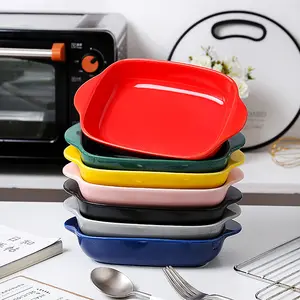 Rectangular customize Ceramic Baking tray, Ceramic Glaze Bakeware Baking plate for Oven with Handle