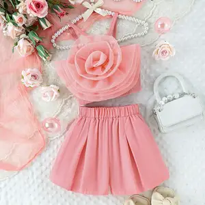 Summer Girls Children's Suit Girls Cute Three-dimensional Flower Suspenders Casual Shorts Fashion New Two-piece Set