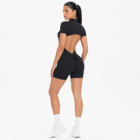 Combinaison de sport une pièce pour femme à manches courtes, dos nu, froncée, avec fermeture éclair sur le devant, pour le yoga, la course et le fitness