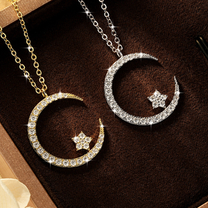 Collier pendentif pour femme, motif lune et étoile, plaqué or 14 carats, moissanite 1,8 mm, 1,6 mm et 1,3 mm, pour mariage et fiançailles - Product Image 6