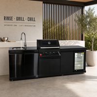 Station de barbecue au charbon de bois 3-en-1 personnalisée en acier inoxydable noir, îlot de cuisson extérieur mobile avec réfrigérateur et évier pour jardin