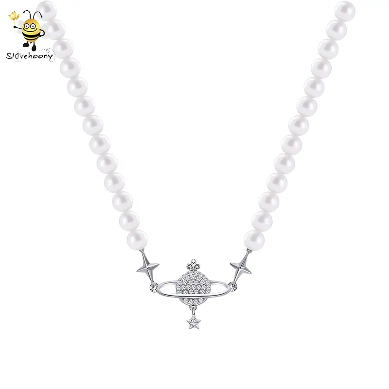 Amazons Hot selling 925 Sterling Silver Saturn Planet Pendants Handmade Pearls Chain Choker Short Necklaces