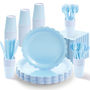 ชุดภาชนะใส่อาหารแบบใช้แล้วทิ้ง PET สีฟ้าอ่อน 350 ชิ้น สำหรับแขก 50 คน ประกอบด้วยจาน แก้ว ผ้าเช็ดปาก เป็นมิตรกับสิ่งแวดล้อม เหมาะสำหรับงานเลี้ยงฉลองเด็กอ่อน - Product Image 1