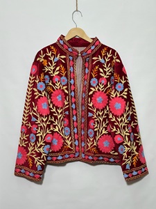 Women's Red Velvet Embroidered Jacket Mandarin Collar Floral Hand Embroidery Full Sleeve Autumn Style <b>Coat</b> - Product Image 5