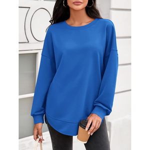 Fisoew Sweat-shirt à col rond pour femme, manches longues, épaules tombantes, coupe ample, fentes latérales, ourlet incurvé, tunique décontractée - Product Image 2