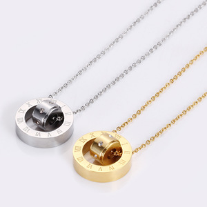 European American Minimalist Roman Numeral <b>Necklace</b> Double <b>Ring</b> Openwork Stainless Steel Pendant Titanium Steel Clavicle Chain - Product Image 4