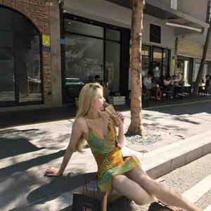 Vestido Casual de Verano para Mujer, Estilo Retro, Corte en A, Ajustado, Cuello en V, Satinado, Transpirable, con Bloques de Color Irregulares - Product Image 2