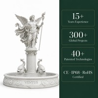 Fontaine de luxe en marbre Ventus avec statue, cape ailée, épis de blé, bâton tourbillonnant, fonction aquatique, éclairage RGB/Laser dauphin, IP68