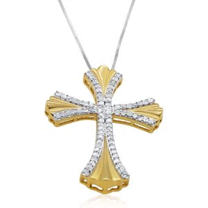Collier pendentif croix en diamant 1,07 carats de poids total, taille ronde, plaqué or jaune sur argent sterling, serti à griffes, bijoux religieux - Product Image 3