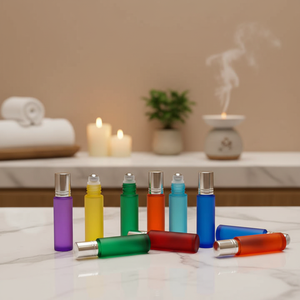 Flacons roll-on en verre givré bleu ambre 10 ml, cylindriques, pour soins personnels, conteneur d'huile essentielle avec bouchon à bille en acier - Product Image 2