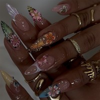 Vente en gros et dropshipping : Faux ongles en acrylique 3D 4211 courts, forme amande, motif floral, avec colle, ongles artificiels pré-dessinés et personnalisables