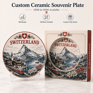Assiette décorative en céramique souvenir de <span class=keywords><strong>Suisse</strong></span>, motif train, edelweiss, paysage alpin, <span class=keywords><strong>lac</strong></span>, pour assiette en céramique, personnalisation OEM ODM, vente en gros - Product Image 1