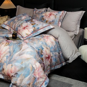 Bleu Floral Plante Impression Numérique Housse de Couette <span class=keywords><strong>Gris</strong></span> Draps Lumière De Luxe Quatre Pièces Ensemble de Literie Textile À La Maison - Product Image 3