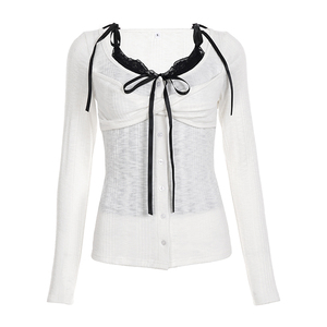 Cardigan en tricot pour femme à blocs de couleur avec bordure en dentelle, manches longues, boutonnage frontal, coupe ajustée décontractée - Product Image 6