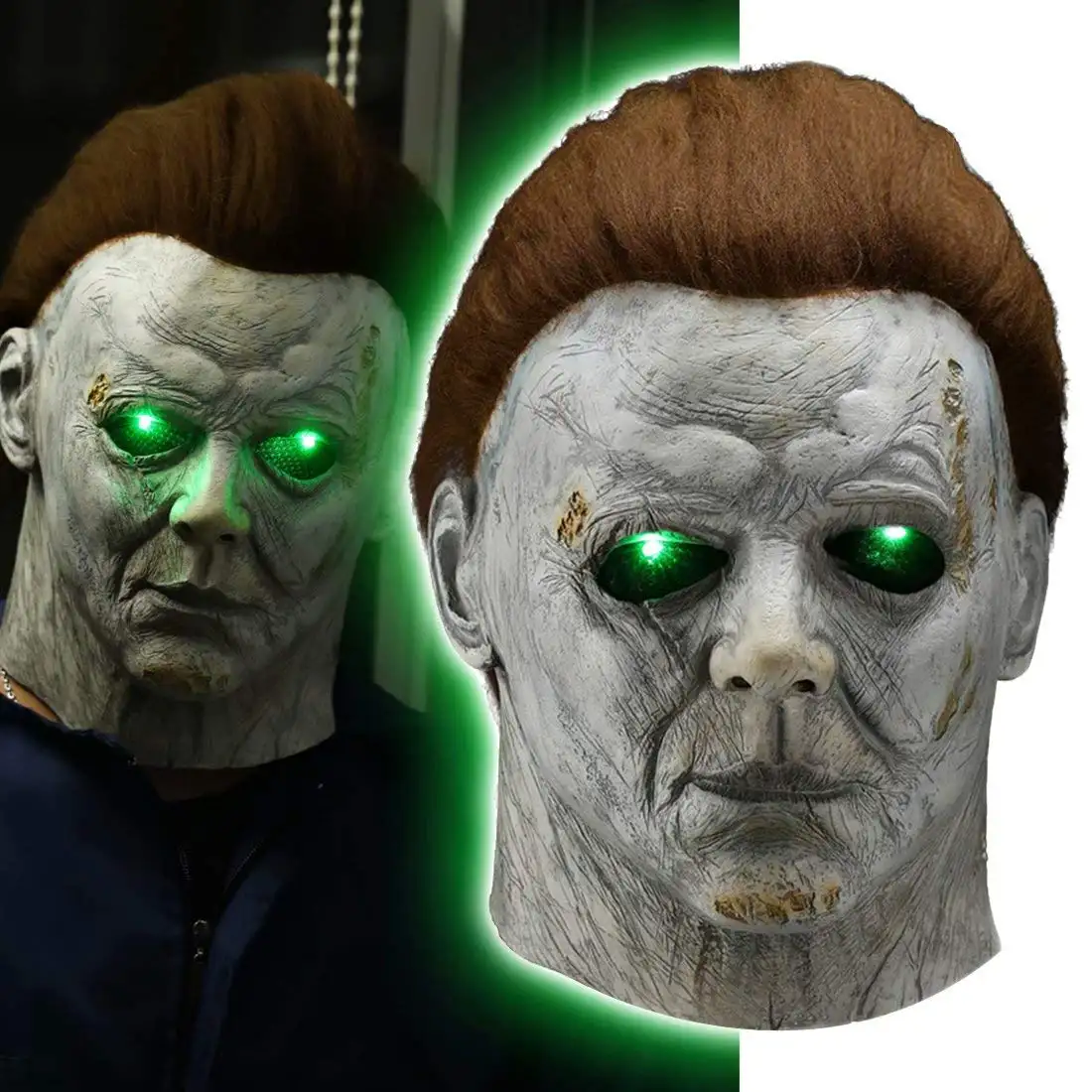 Topeng Michael Myers lampu LED, kostum Cosplay horor, topeng lateks kepala penuh menyeramkan, topeng pembunuh Halloween menakutkan, masker LED menyala