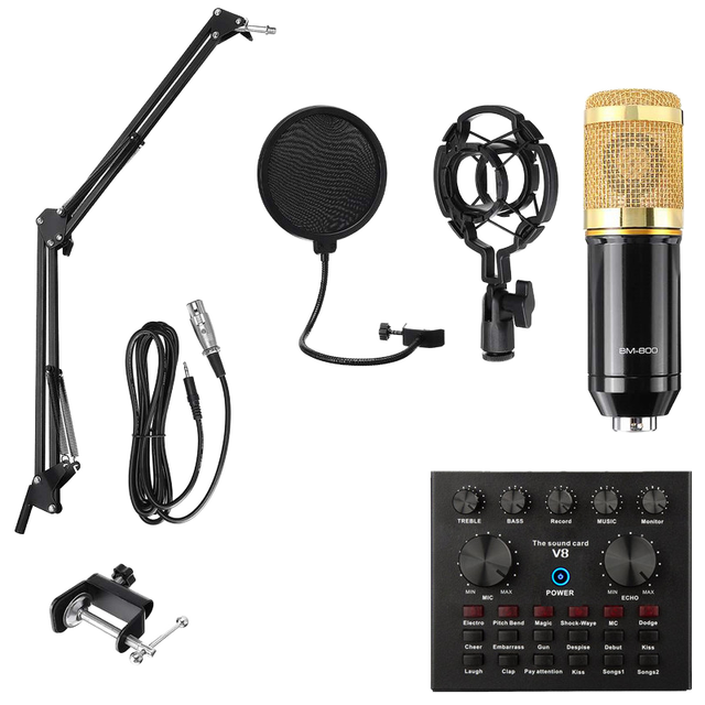 BM-800 Condenser Microphone Kit with V8 Sound Card USB Streaming Podcast PC Studio Microphone for Studio Recording Broadca