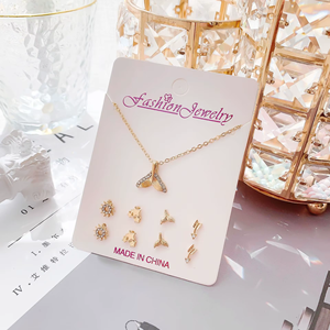 Collier et boucles d'oreilles flocon de neige en cristal argenté/doré à faible coût, avec carte cadeau 5 pièces, bijoux fantaisie - Product Image 6