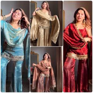 Nouvel ensemble de mariage 3 pièces en soie de créateur, haut, bas et dupatta, pour soirée, avec broderies et perles lourdes, extensible, longueur ras du sol - Product Image 4