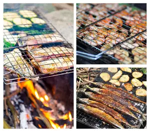 Keranjang panggangan barbekyu, pegangan kayu Stainless Steel untuk ikan sayuran Steak udang peralatan barbekyu