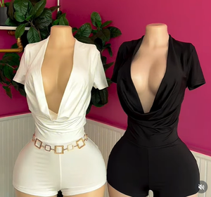 Combinaison décontractée pour femme Viviblook D25RP581, best-seller, couleur unie, coupe ajustée, sexy, col en V profond, manches courtes, combinaison moulante - Product Image 1