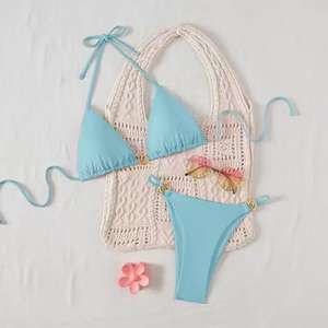 Maillot de bain 3 pièces pour femme, fait main, 100 % polyester, délavé, 3 couleurs, avec détails anneaux, comprenant un haut triangle et un bas bikini taille basse - Product Image 4