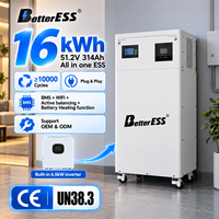 Système de stockage d'énergie domestique tout-en-un 51,2 V 314 Ah 16 kWh avec batterie au lithium, onduleur hors réseau 6,5 kW intégré + équilibreur actif + Wi-Fi + chauffage
