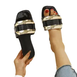 Flat slippers female 2022 new metallic luster sequined button sandals leather texture sequined slippers