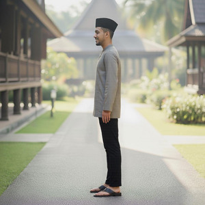 Kurta Malaysia SIPO grigio chiaro <span class=keywords><strong>camicia</strong></span> con <span class=keywords><strong>colletto</strong></span> enry, pantaloni neri e berretto tradizionale sul sentiero in legno Lu-sh con verde - Product Image 2