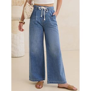Anrabess Jeans de pierna ancha para mujer, pantalones vaqueros de cintura alta con cordón, ajuste informal y relajado con bolsillos - Product Image 2