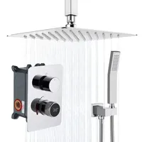 Ensemble de robinetterie de douche thermostatique numérique contemporain en laiton pour salle de bain, monté au plafond, 12 pouces, avec jets de pluie et de massage