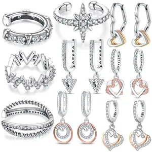 New 925 Sterling Silver 2 Tone Heart Double Disc Triangle Shiny Charm Pan Earrings Women Original Jewelry Wholesale